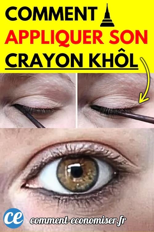 Trois étapes montrant comment appliquer un crayon khôl : deux photos en haut avec un œil fermé pendant l’application du crayon noir sur la paupière, et une photo en bas montrant un œil maquillé avec un tracé net.