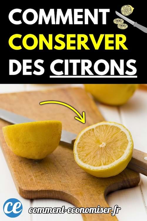 Deux moitiés de citrons posées sur une planche à découper avec un couteau en arrière-plan.