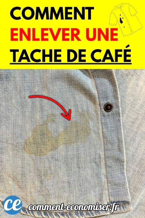 Chemise en jean avec une tache de café visible et une flèche rouge.