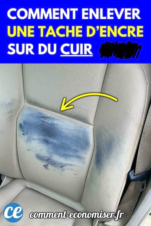 Siège en cuir clair taché d'encre bleue avec une flèche jaune indiquant la zone.