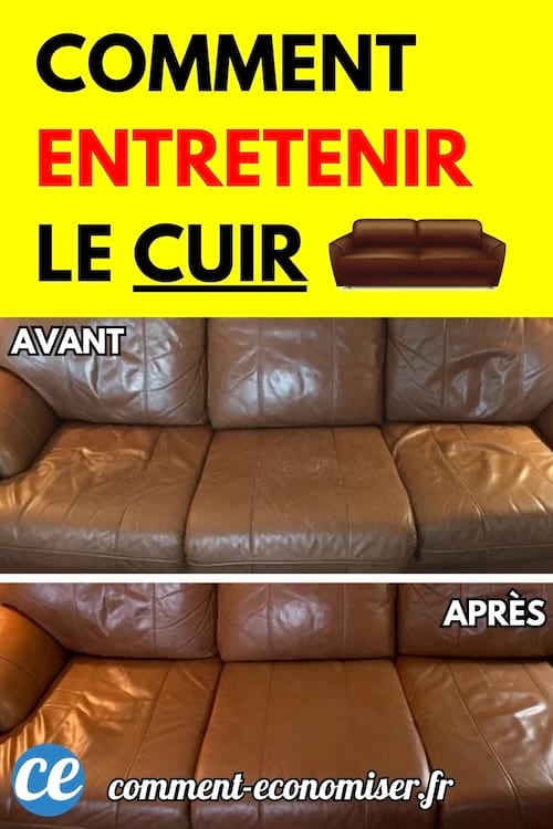 Canapé en cuir marron affiché en deux parties, l’une avant nettoyage et l’autre après entretien.