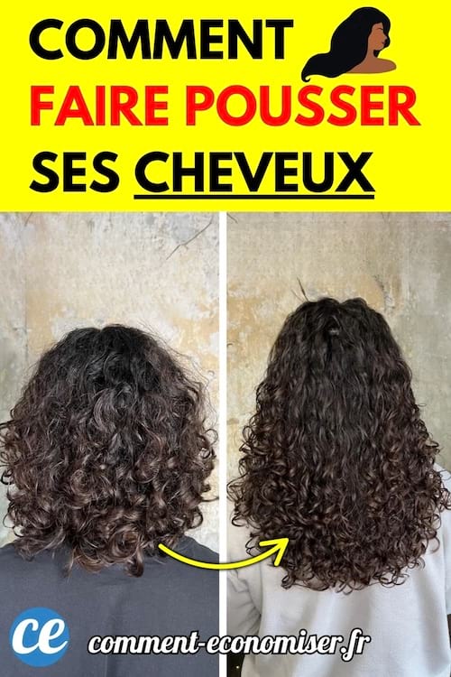 Avant/après de cheveux bouclés vus de dos, montrant une pousse visible.