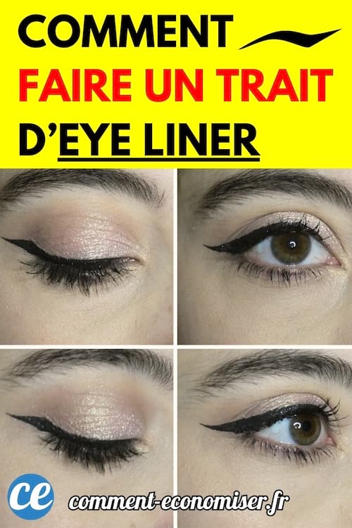 Montage de quatre photos montrant les étapes pour réaliser un trait d’eye-liner sur une paupière.