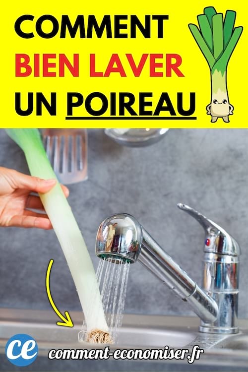 Main tenant un poireau sous l’eau du robinet de cuisine.