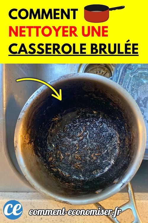 Une casserole brûlée avec des résidus noirs incrustés, posée dans un évier.