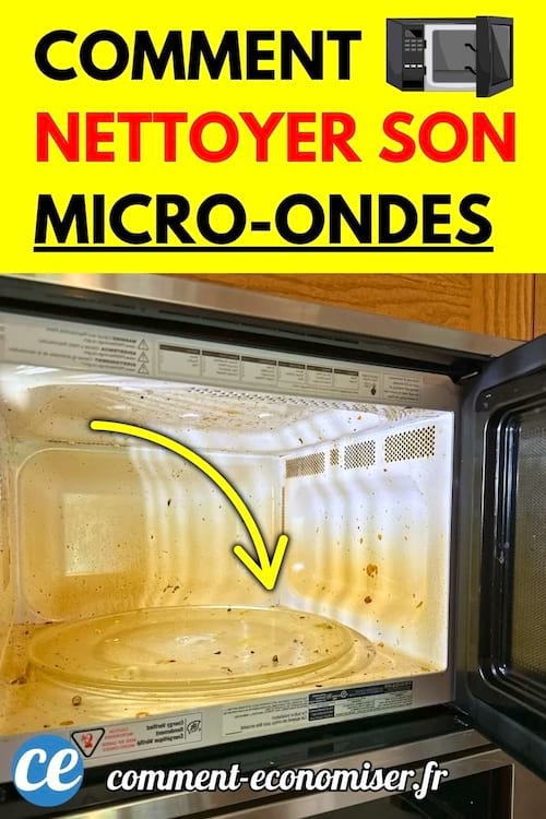 Un micro-ondes ouvert montrant un intérieur sale avec des éclaboussures, accompagné d’une flèche indiquant un nettoyage à faire.