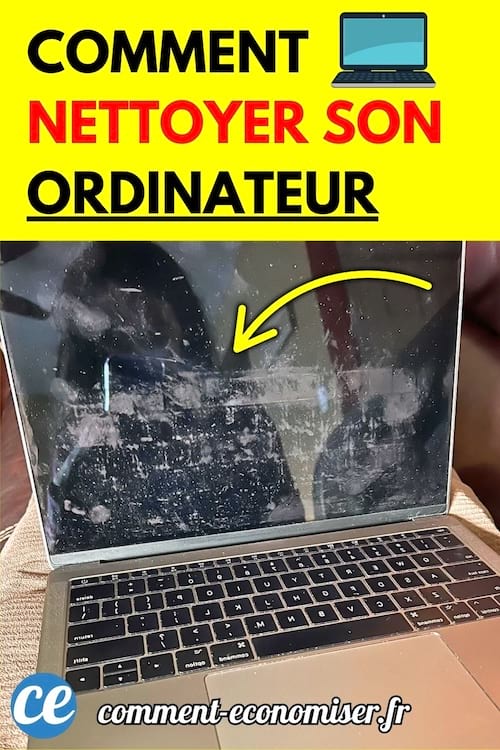 Ordinateur portable avec &eacute;cran tr&egrave;s sale recouvert de traces.