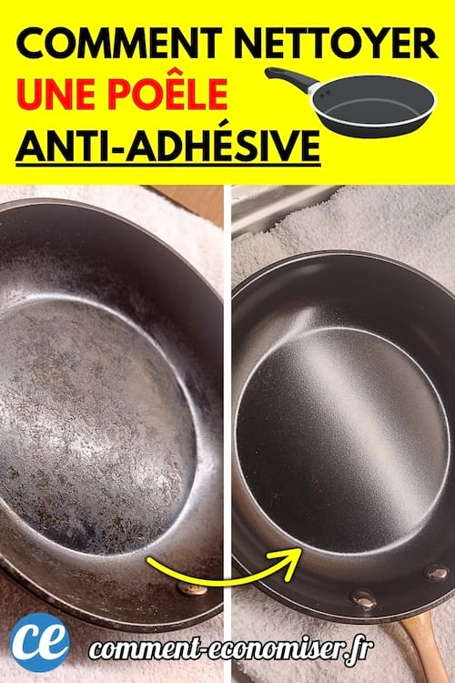 Comparaison avant/après d’une poêle anti-adhésive sale et propre.