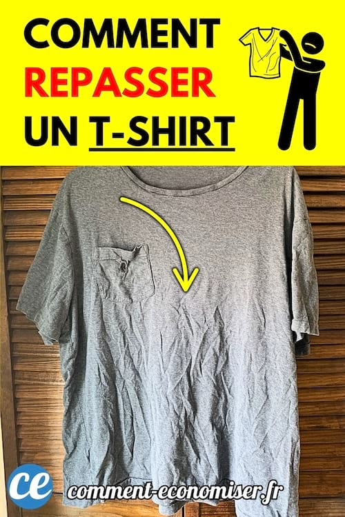 T-shirt gris froissé suspendu devant une porte en bois à lamelles.