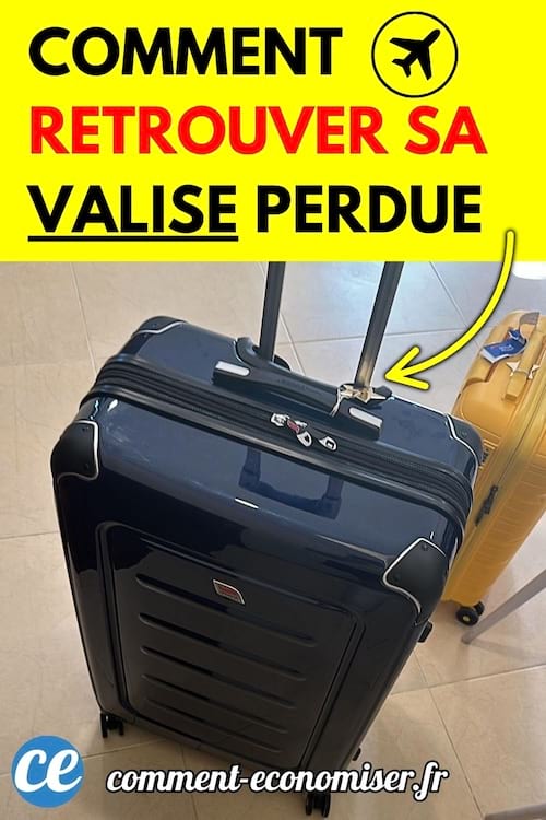 Une valise noire à roulettes est posée debout à côté d'une valise jaune dans un aéroport, illustrant une astuce pour retrouver une valise perdue.