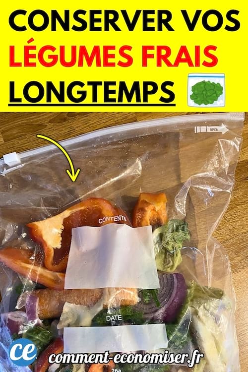 Sachet hermétique transparent contenant divers légumes frais coupés, comme poivron rouge, brocoli, oignon rouge et carotte, posé sur une table en bois. 