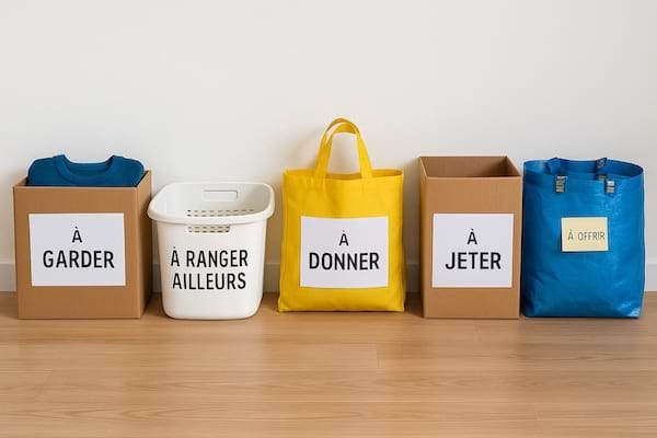 Cinq contenants align&eacute;s contre un mur pour trier les objets lors d&rsquo;un d&eacute;sencombrement : une bo&icirc;te '&Agrave; garder', un panier '&Agrave; ranger ailleurs', un sac '&Agrave; donner', un carton '&Agrave; jeter' et un sac bleu '&Agrave; offrir' avec un post-it.