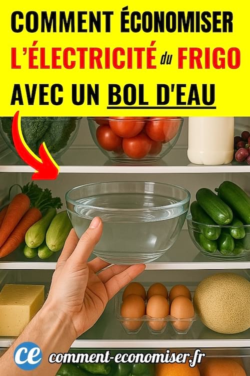Un bol d'eau qui est placé dans le frigo pour économiser de l'électricité