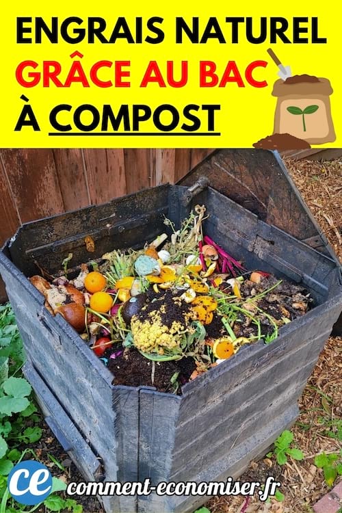 Un bac à compost en bois rempli de déchets organiques et de pelures de fruits en décomposition.