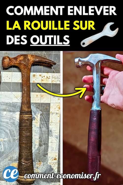 Avant-après d’un marteau rouillé restauré.