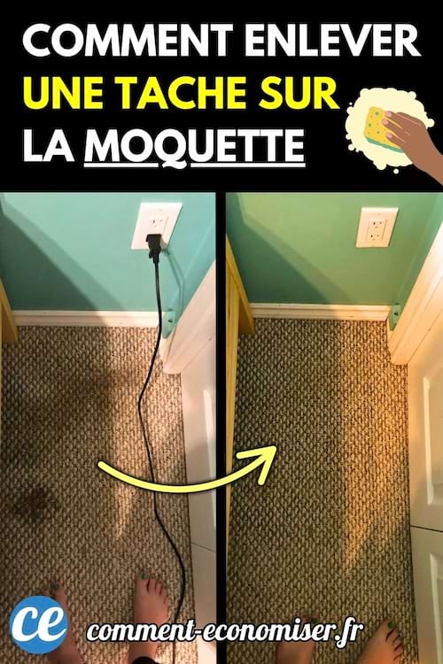 Moquette beige avec une tache visible à gauche et propre à droite après nettoyage.