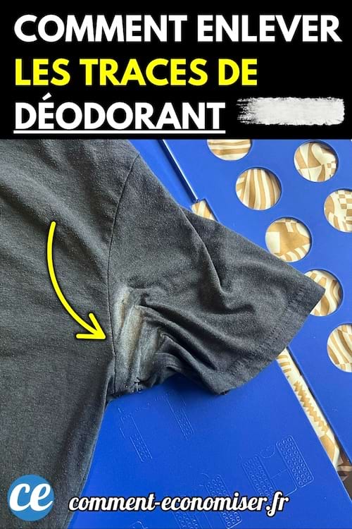 T-shirt noir avec une trace blanche de déodorant sous l’aisselle, posé sur un support bleu de pliage de vêtements.