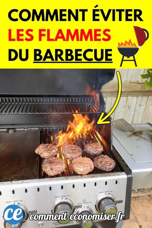 Flammes vives s’élevant d’un barbecue avec steaks en cuisson et flèche jaune indiquant le feu