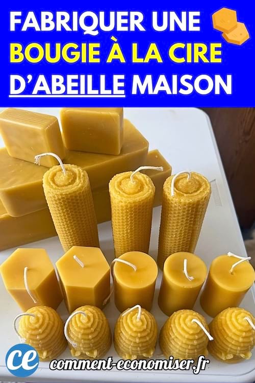 Bougies artisanales faites à la cire d’abeille, de différentes formes et tailles, posées sur une table avec des blocs de cire en arrière-plan.