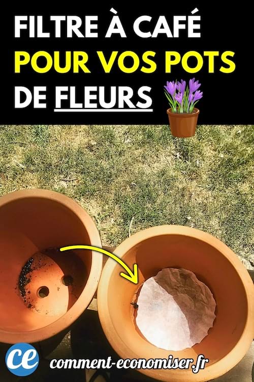 Deux pots de fleurs en terre cuite, l’un vide et l’autre contenant un filtre à café au fond.