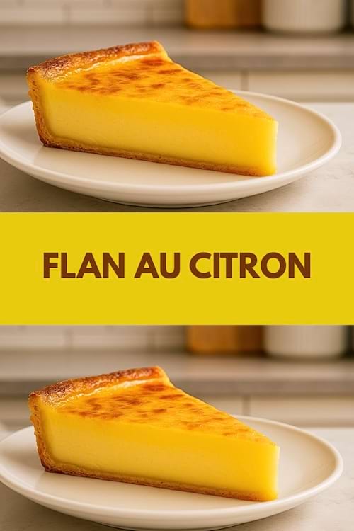 Deux photos d'une part de flan au citron à la texture lisse et dorée, servie dans une assiette blanche.