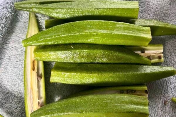 Gombos frais reposant sur un torchon.