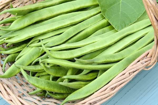 Haricots verts plats dans un panier en osier.