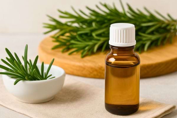 Flacon d’huile essentielle entouré de romarin.