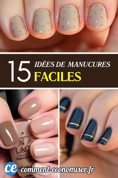 Trois idées de manucures aux couleurs sobres avec motifs à pois dorés, unis et décorations dorées.