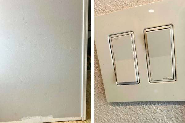 Interrupteurs et mur tachés avant nettoyage.