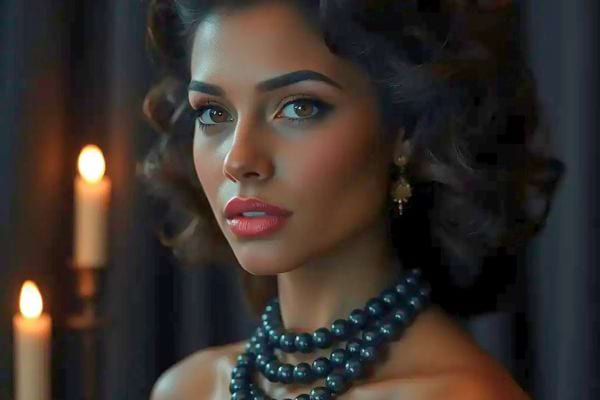 Jeune femme élégante avec collier, éclairée à la bougie.