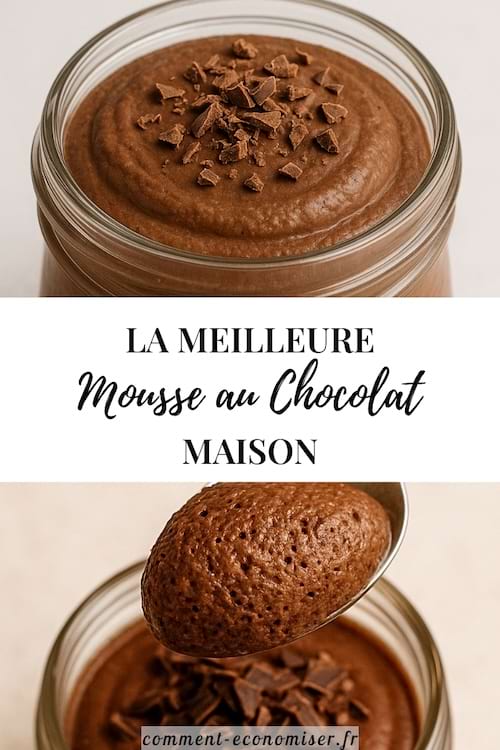 Pot en verre rempli de mousse au chocolat maison, décorée de copeaux de chocolat sur le dessus.