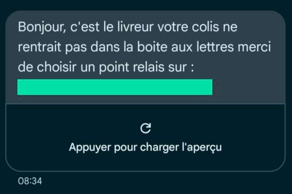 Message du prétendu livreur demandant de choisir un point relais.