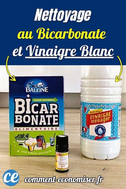 Boîte de bicarbonate La Baleine, bouteille de vinaigre blanc et flacon d'huile essentielle de citron bio posés sur un sol en bois clair.