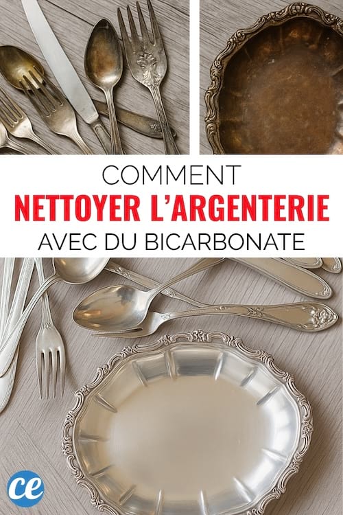Argenterie ternie avant et après nettoyage, avec des couverts et une assiette en argent restaurés à l’aide de bicarbonate de soude.