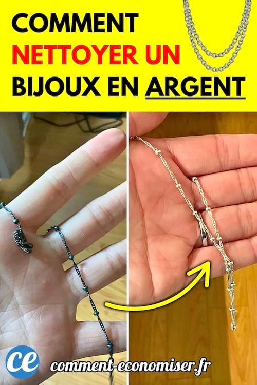Comparatif avant-après d’un bijou en argent terni puis nettoyé, tenu dans la main.