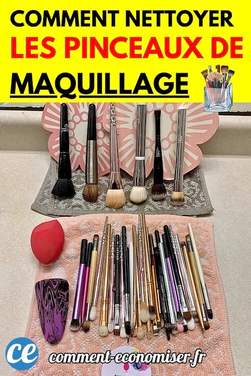 Ensemble de pinceaux de maquillage nettoyés, posés sur des serviettes pour séchage.