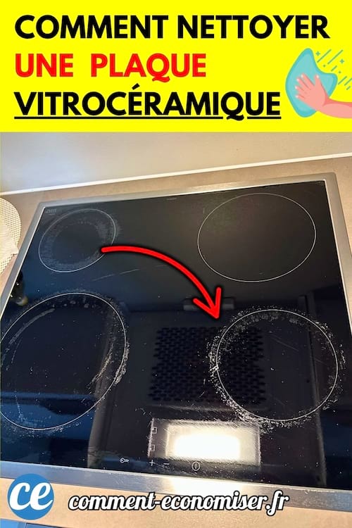 Plaque vitroc&eacute;ramique avec traces de cuisson et fl&egrave;che rouge montrant une zone encrass&eacute;e