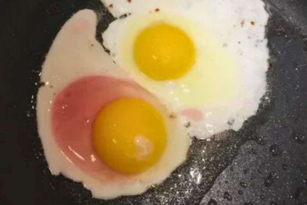 Deux œufs au plat, l’un avec une large zone rosée.