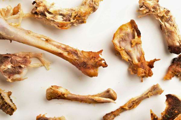 Restes d’os de poulet cuits.
