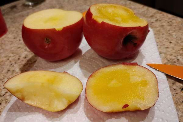 Des pommes coupées avec une chair jaunie.