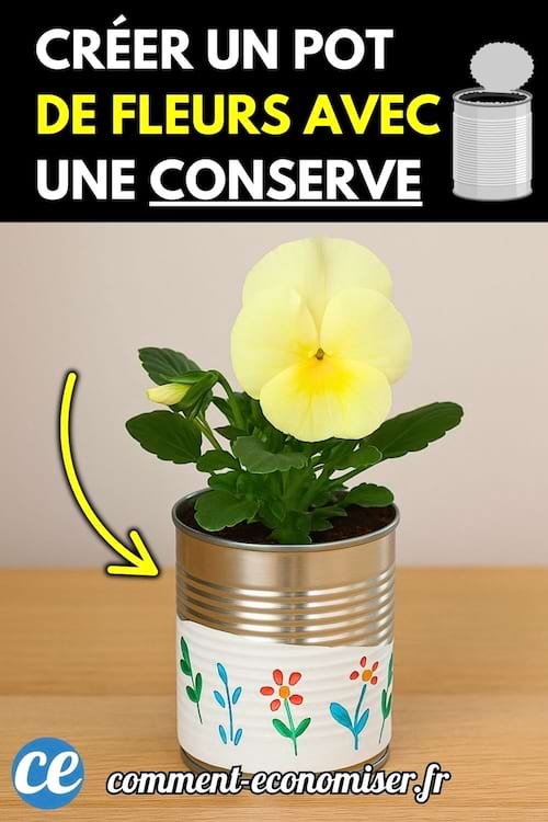 Pot de fleurs fait maison à partir d’une boîte de conserve recyclée, décorée de dessins colorés de fleurs, contenant une pensée jaune.
