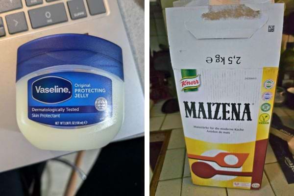 Pot de Vaseline et boîte de Maïzena posés côte à côte.