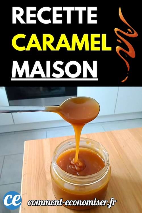 Cuillère versant du caramel maison dans un pot en verre.