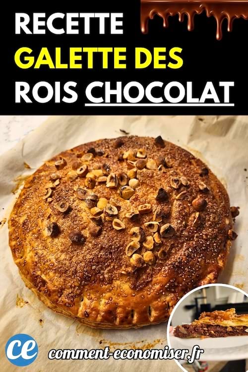 Une galette des rois au chocolat garnie de noisettes, présentée sur une feuille de cuisson avec une part servie en gros plan.