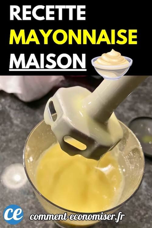 Mixeur plongeant recouvert de mayonnaise dans un récipient en préparation sur un plan de travail.