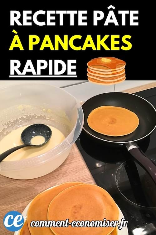 Pâte à pancakes versée avec une louche dans une poêle sur plaque de cuisson, avec des pancakes dorés prêts à être dégustés.