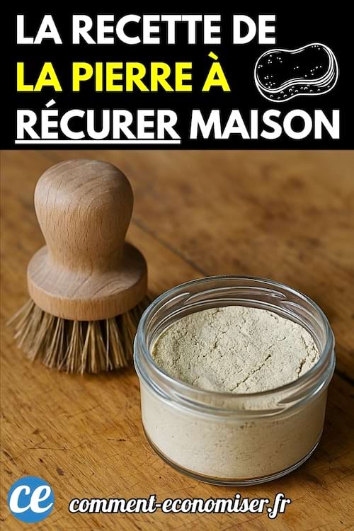 Bocal en verre contenant une pierre à récurer maison sur une table en bois, accompagné d’une brosse en bois à poils naturels.
