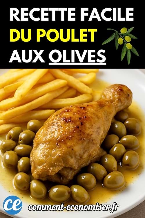 Cuisse de poulet servie avec des olives vertes et des frites, dans une assiette.