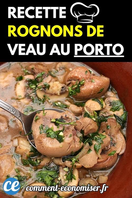 Assiette creuse contenant des rognons de veau mijotés dans une sauce au porto avec champignons et persil, accompagnée d’une cuillère.